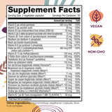 Supplement facts label with various vitamins and minerals listed on a white background.