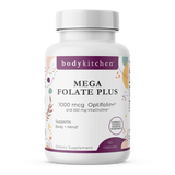 Supplement bottle labeled 'Mega Folate Plus' by bodykitchen on a white background