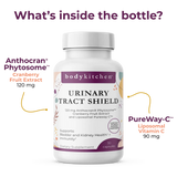 Supplement bottle labeled 'Urinary Tract Shield' with ingredients listed on a white background