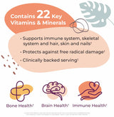 Product label highlighting vitamins and minerals with icons for bone, brain, and immune health.