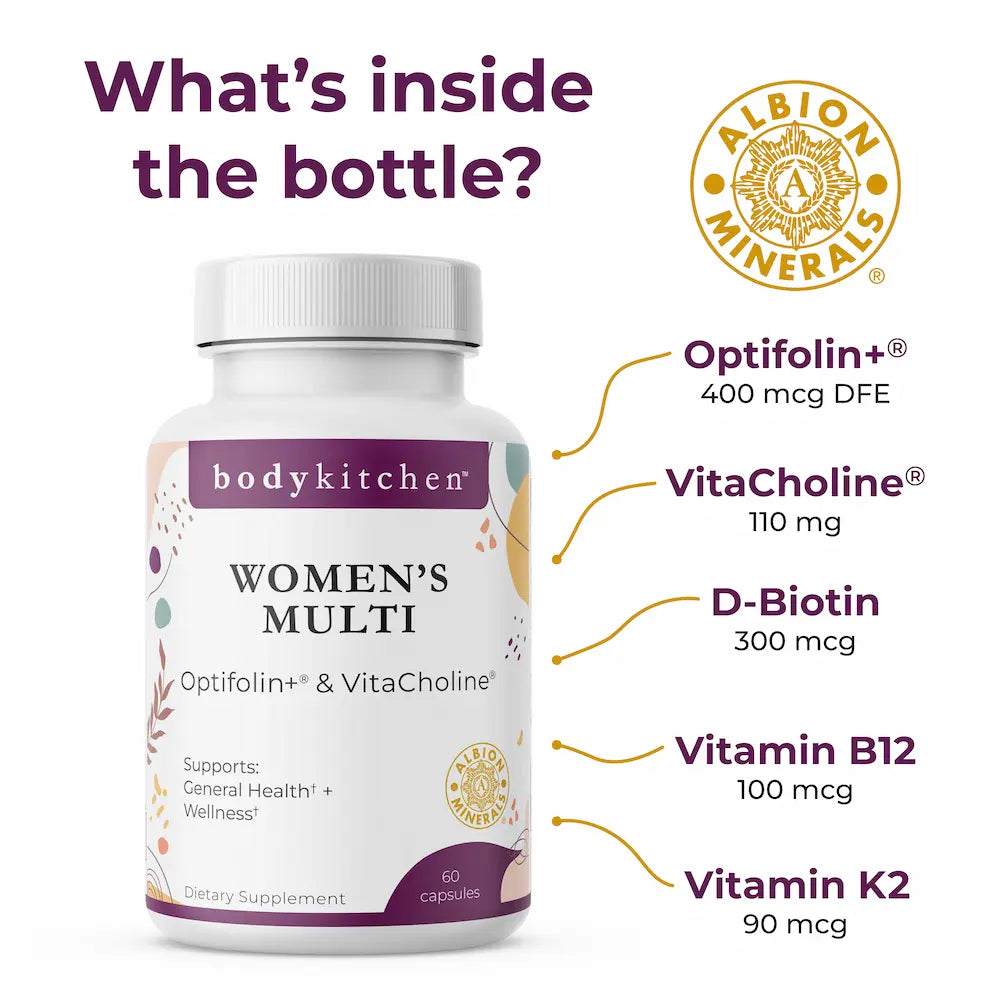 Body Kitchen Women's Multi supplement bottle with Albion Minerals branding and nutrient information on a white background.