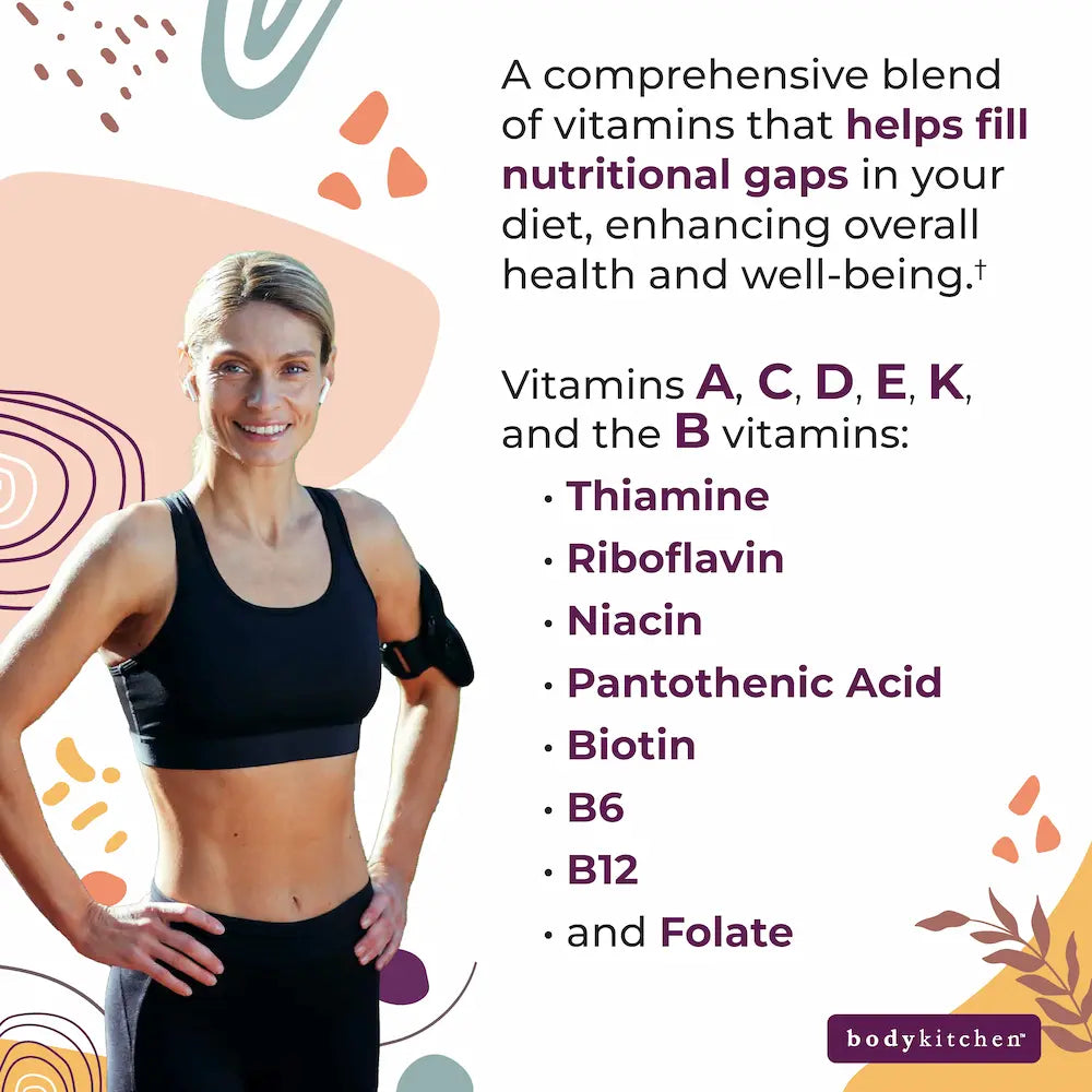 Woman in athletic wear with vitamins and health benefits text on a colorful background
