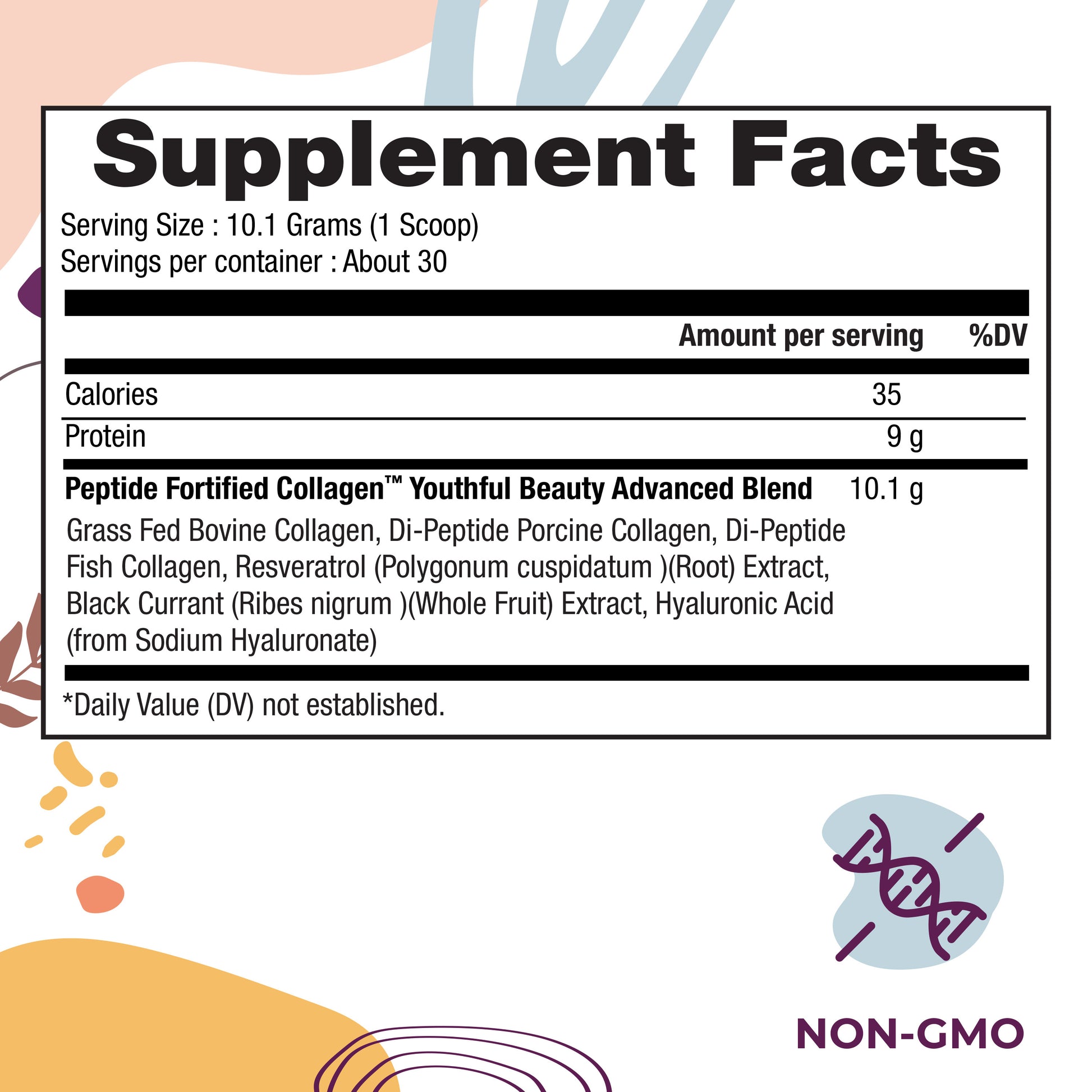 Supplement facts label for a Peptide Fortified Collagen product with colorful abstract design elements.
