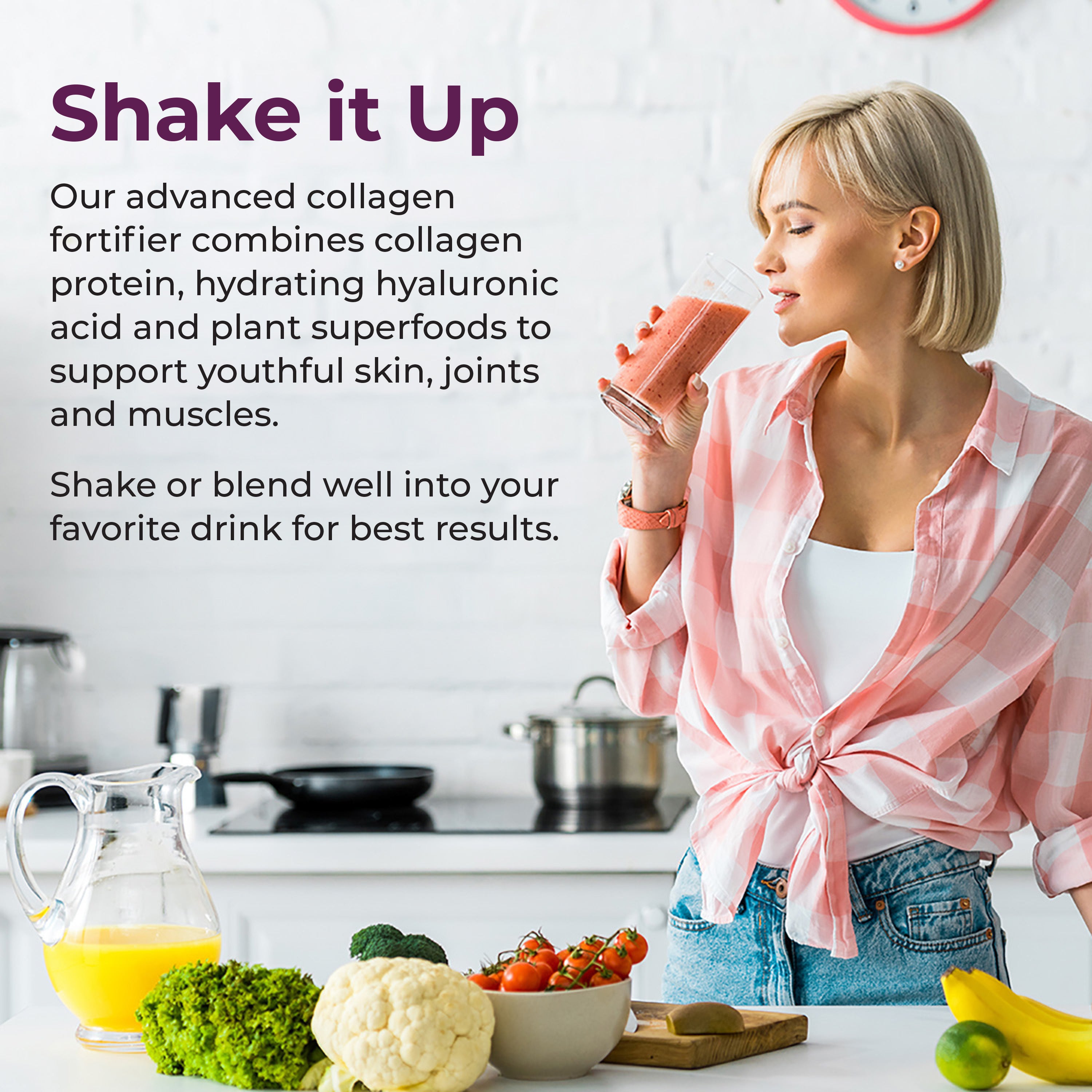 Woman holding a smoothie with text about an advanced collagen fortifier in a kitchen setting.