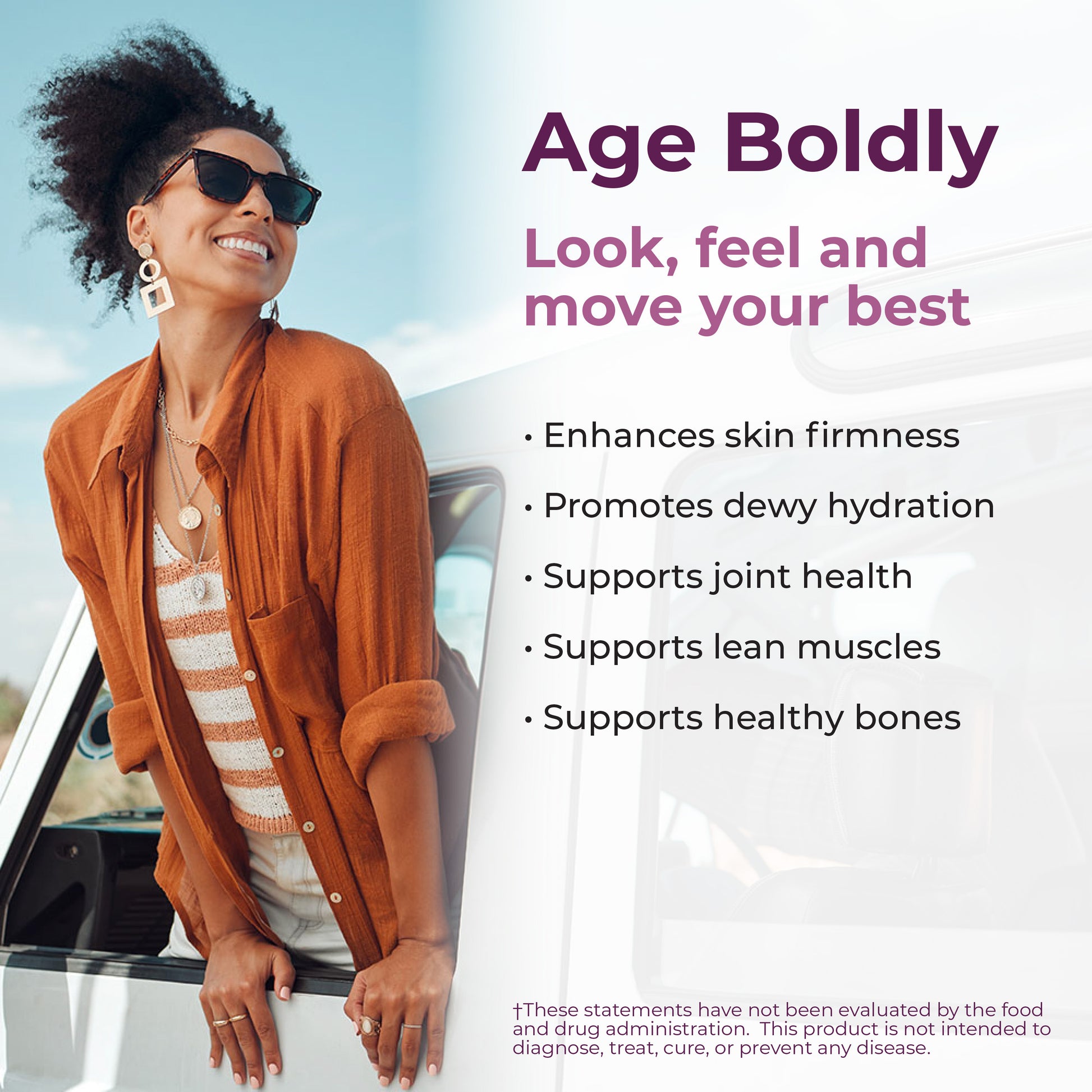 Woman standing next to a car with promotional text about product benefits