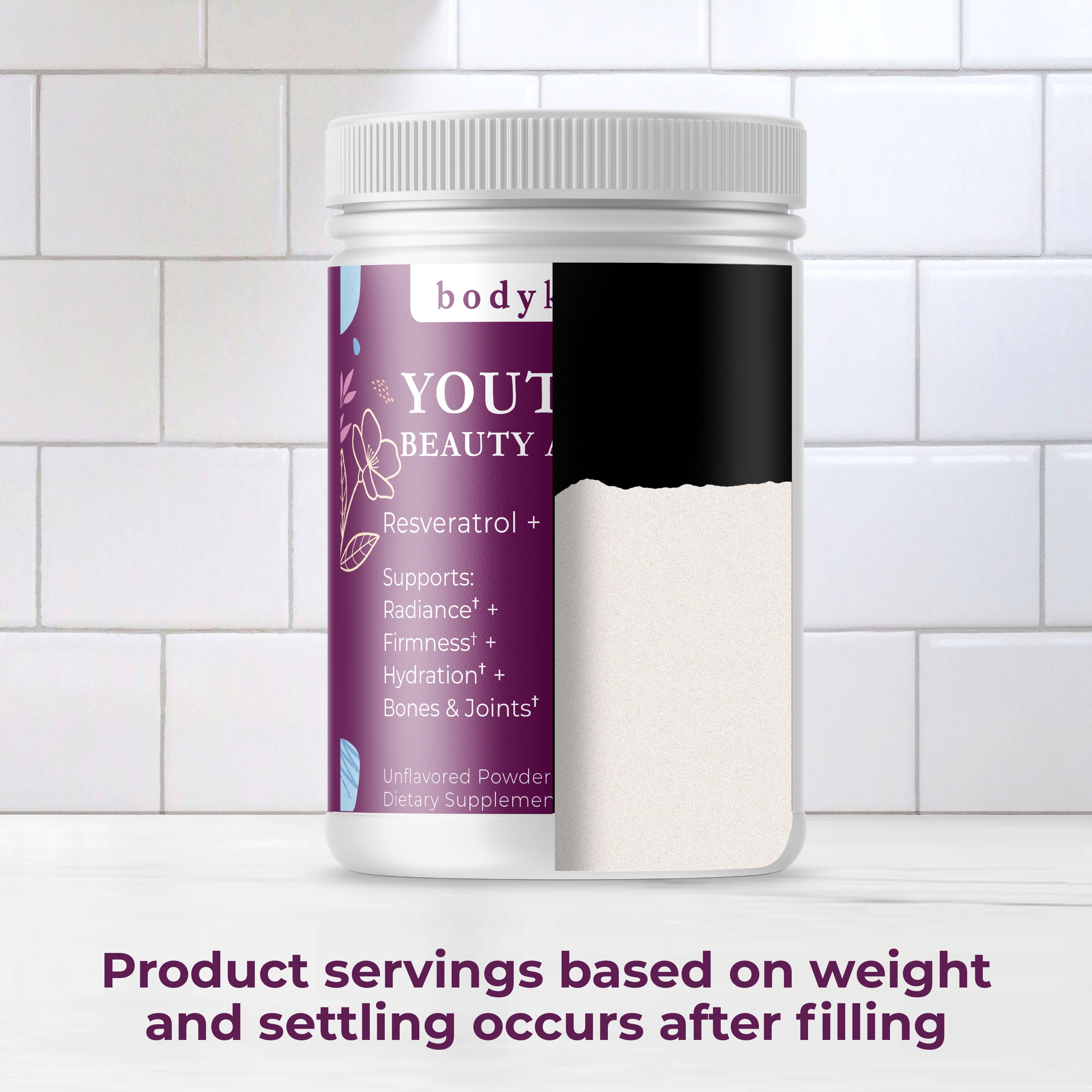 Supplement jar with purple label on a white tiled background