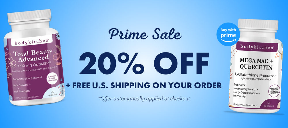 Promotional banner for bodykitchen supplements with a 20% off Prime Sale and free U.S. shipping offer on a blue background.