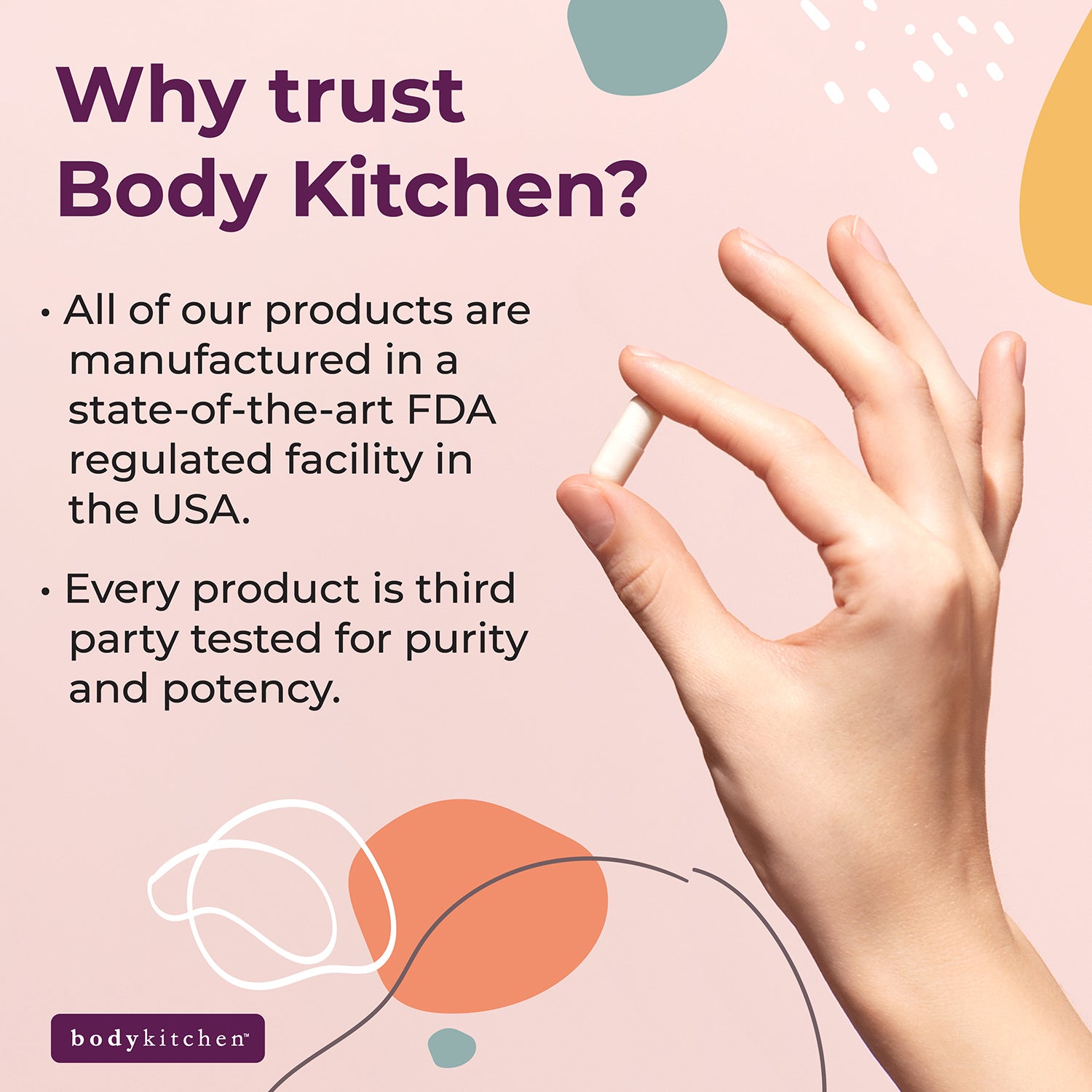Advertisement for Body Kitchen with a hand holding a product and text about product manufacturing and testing.