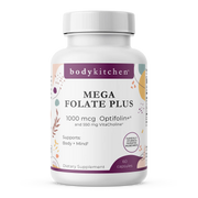 Supplement bottle labeled 'Mega Folate Plus' by bodykitchen on a white background