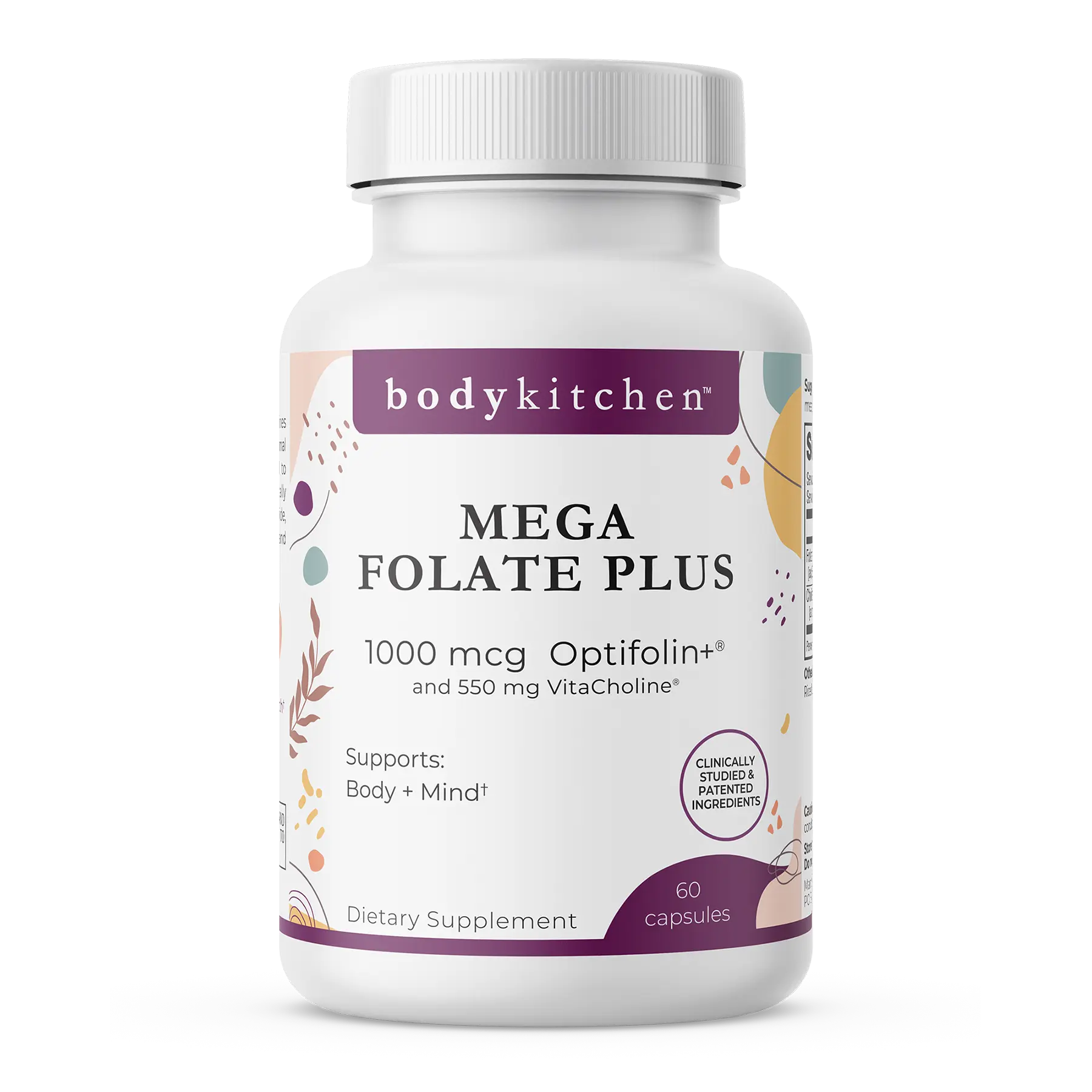 Supplement bottle labeled 'Mega Folate Plus' by bodykitchen on a white background