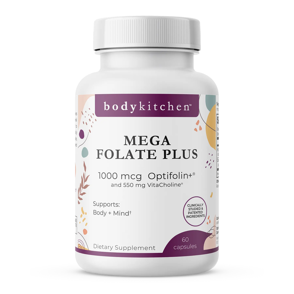 Supplement bottle labeled 'Mega Folate Plus' by bodykitchen on a white background