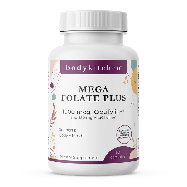 Supplement bottle labeled 'Mega Folate Plus' by bodykitchen on a white background