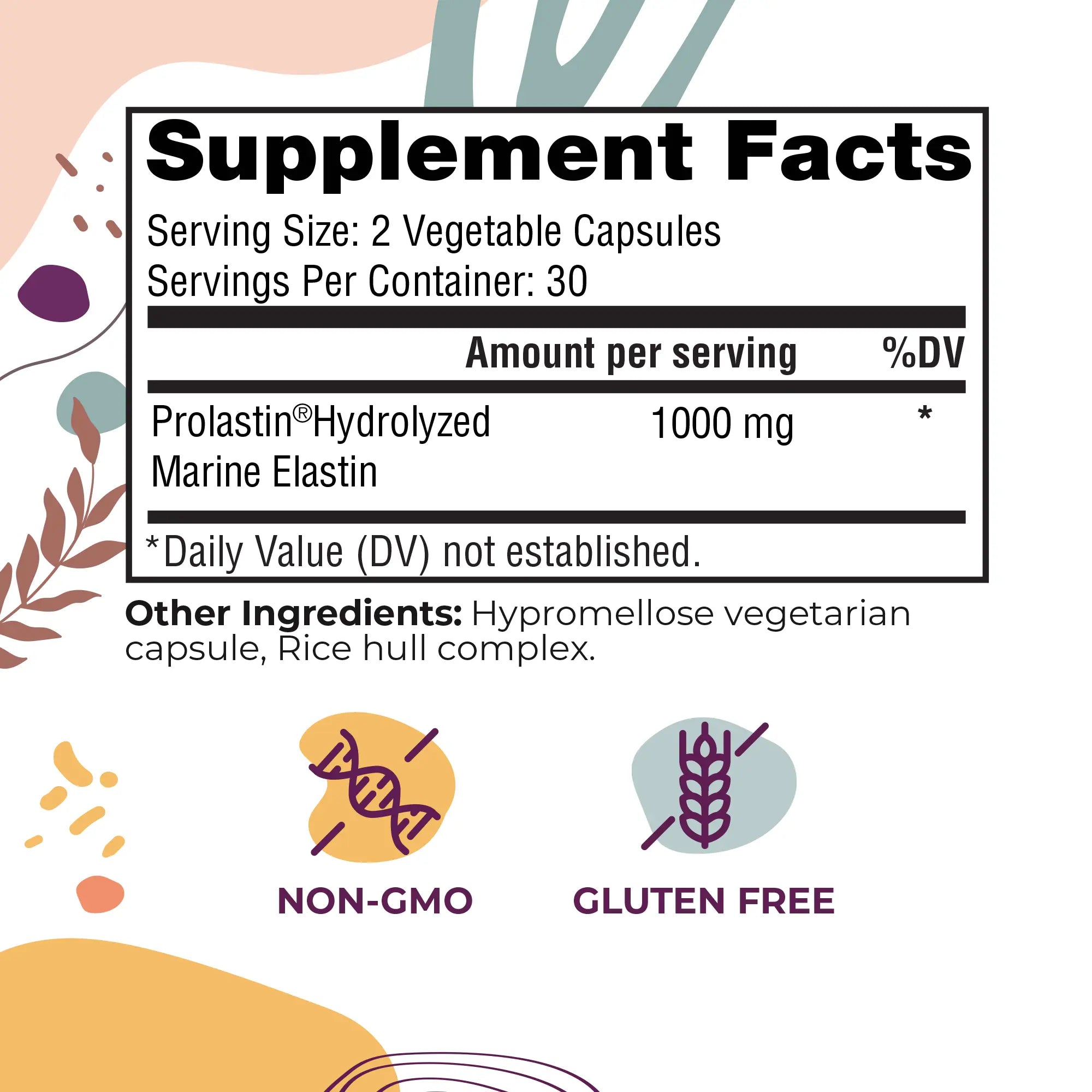 elastin peptides Supplement facts label with serving size, servings per container, and ingredient details on a decorative background.
