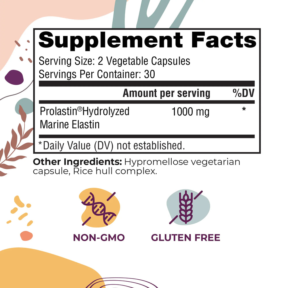 elastin peptides Supplement facts label with serving size, servings per container, and ingredient details on a decorative background.
