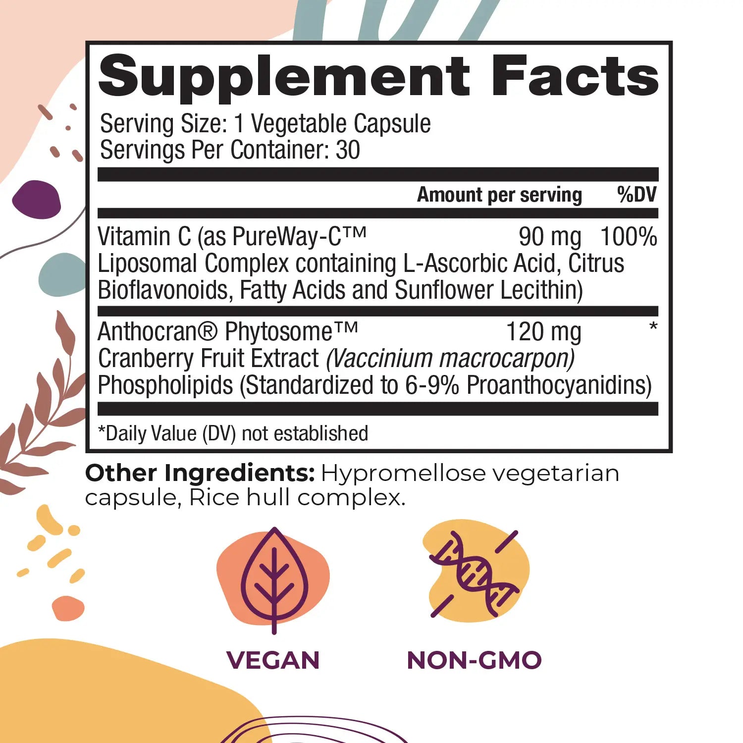 Supplement facts label with colorful design elements on a white background