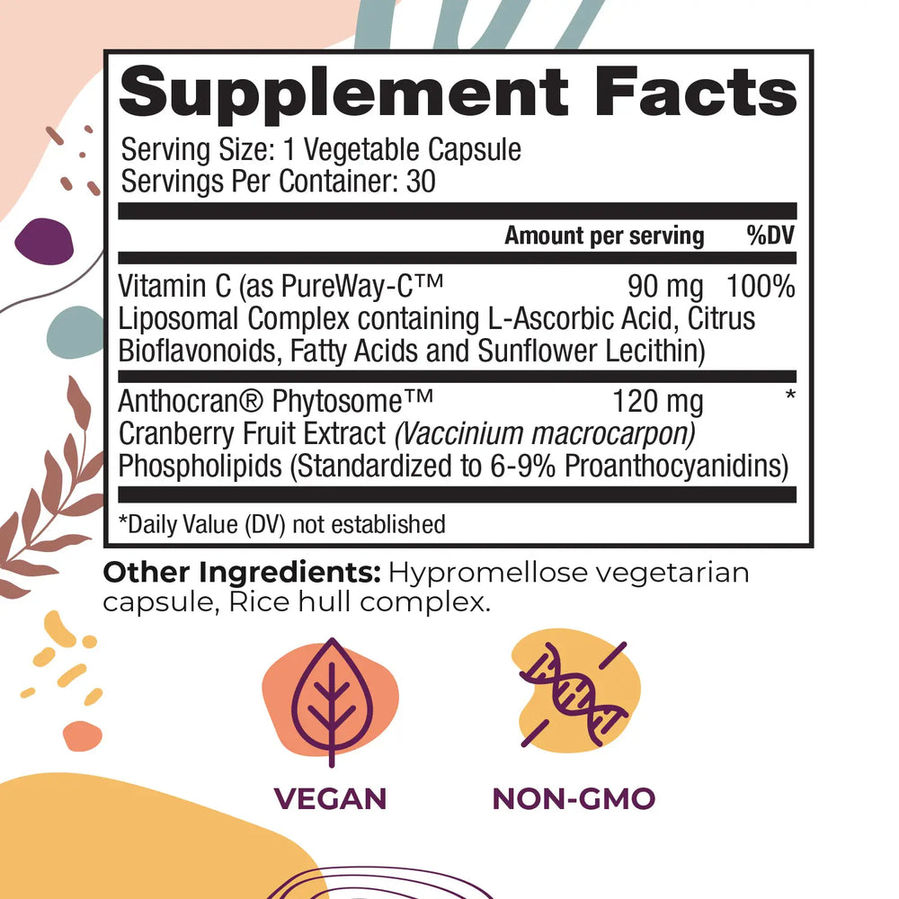 Supplement facts label with colorful design elements on a white background