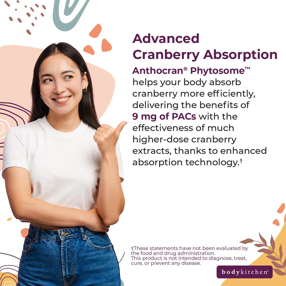 Woman pointing to text about Advanced Cranberry Absorption with Body Kitchen branding.