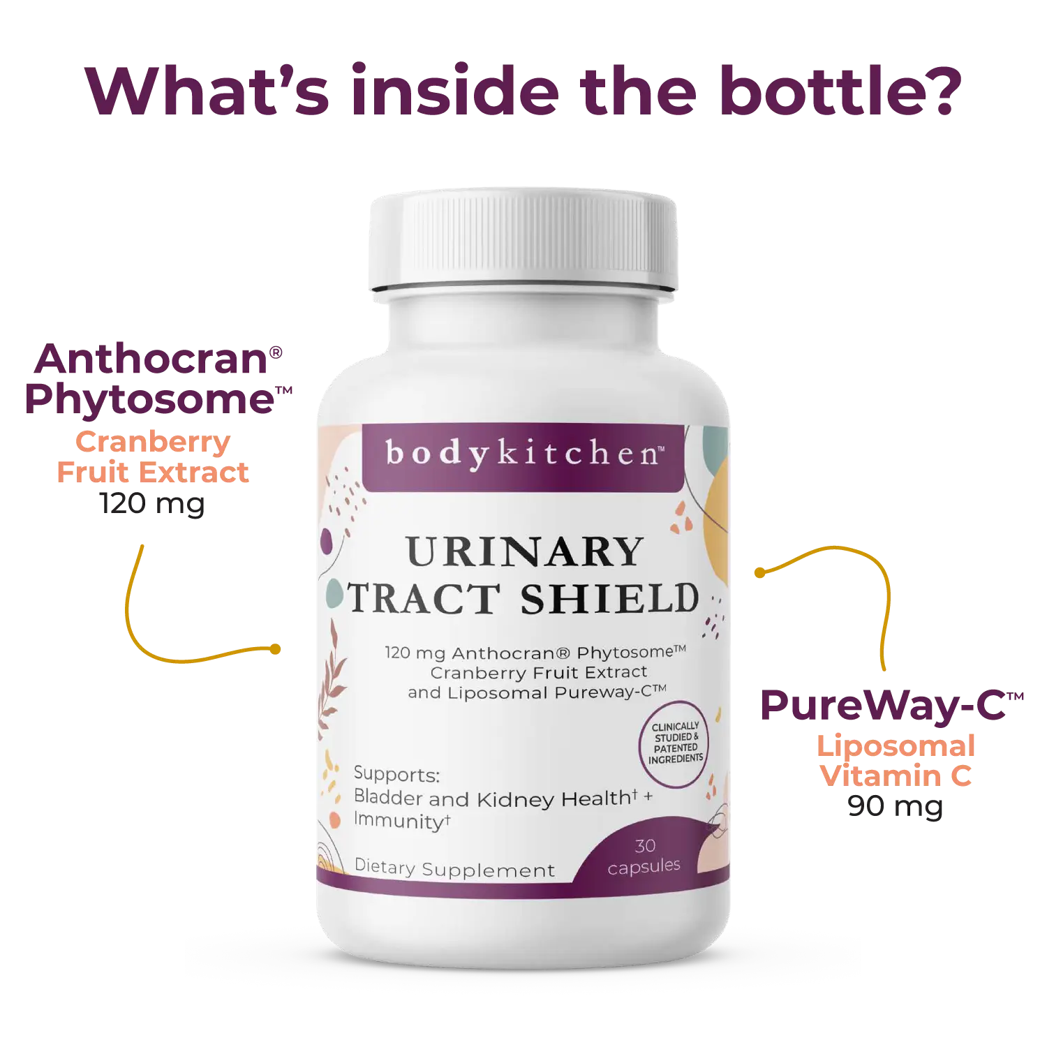 Supplement bottle labeled 'Urinary Tract Shield' with ingredients listed on a white background