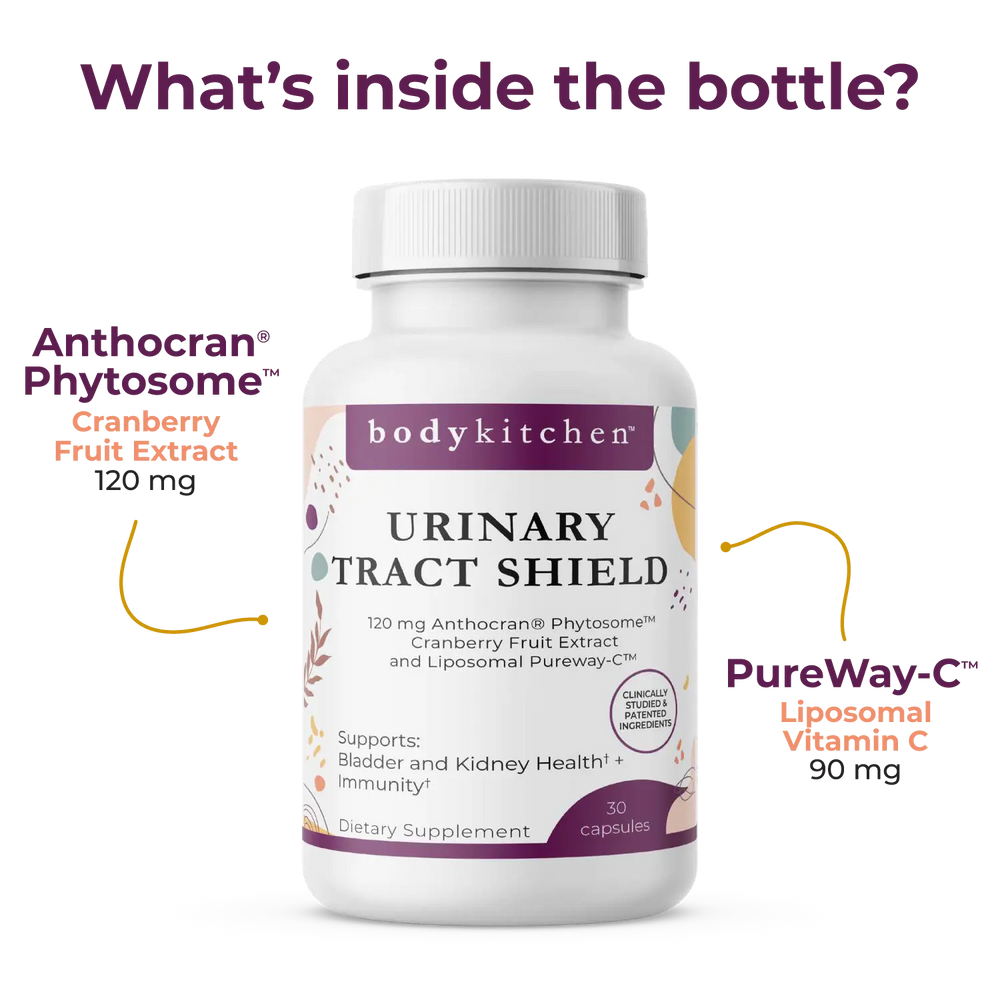 Supplement bottle labeled 'Urinary Tract Shield' with ingredients listed on a white background
