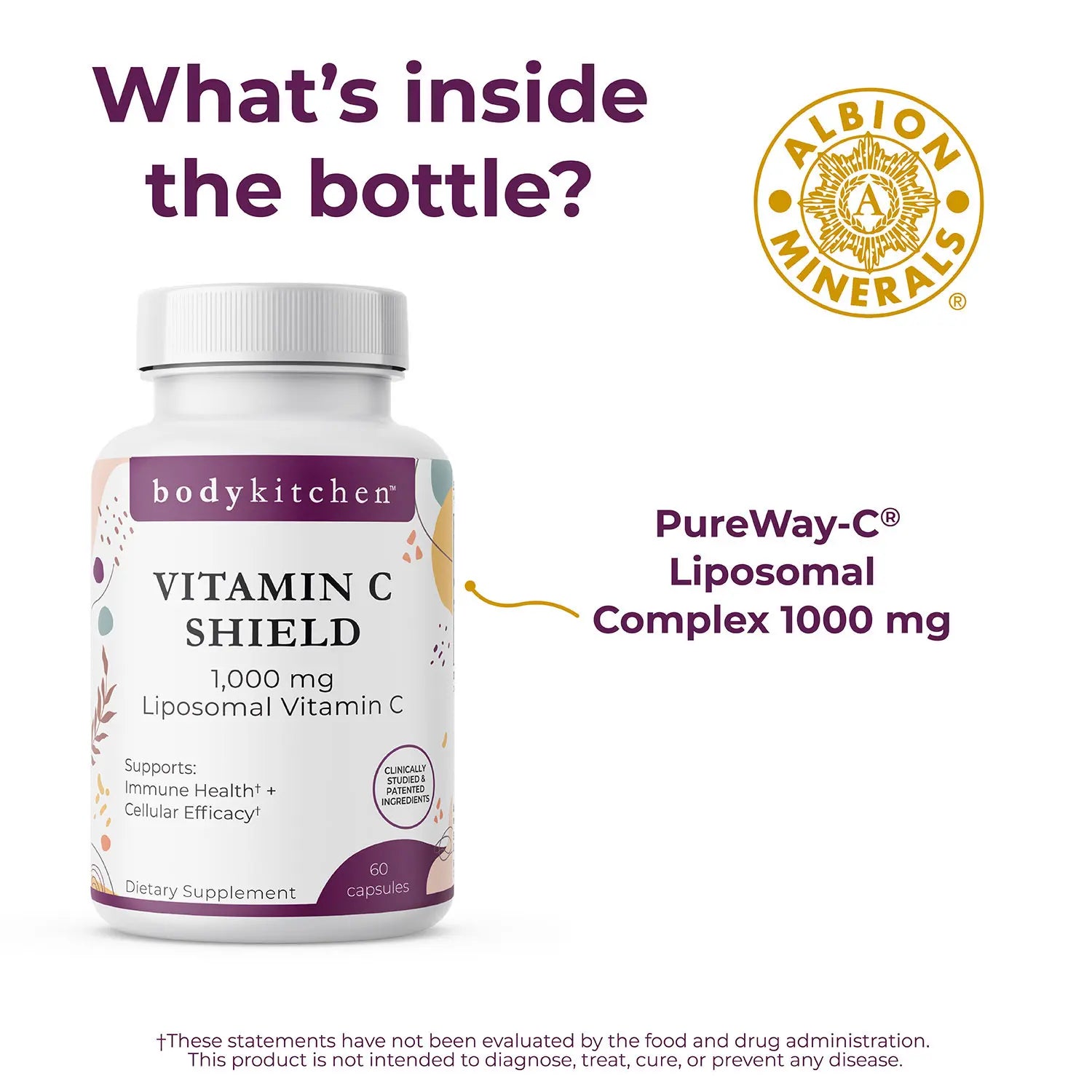 Supplement bottle labeled 'Vitamin C Shield' with Albion Minerals logo on a white background