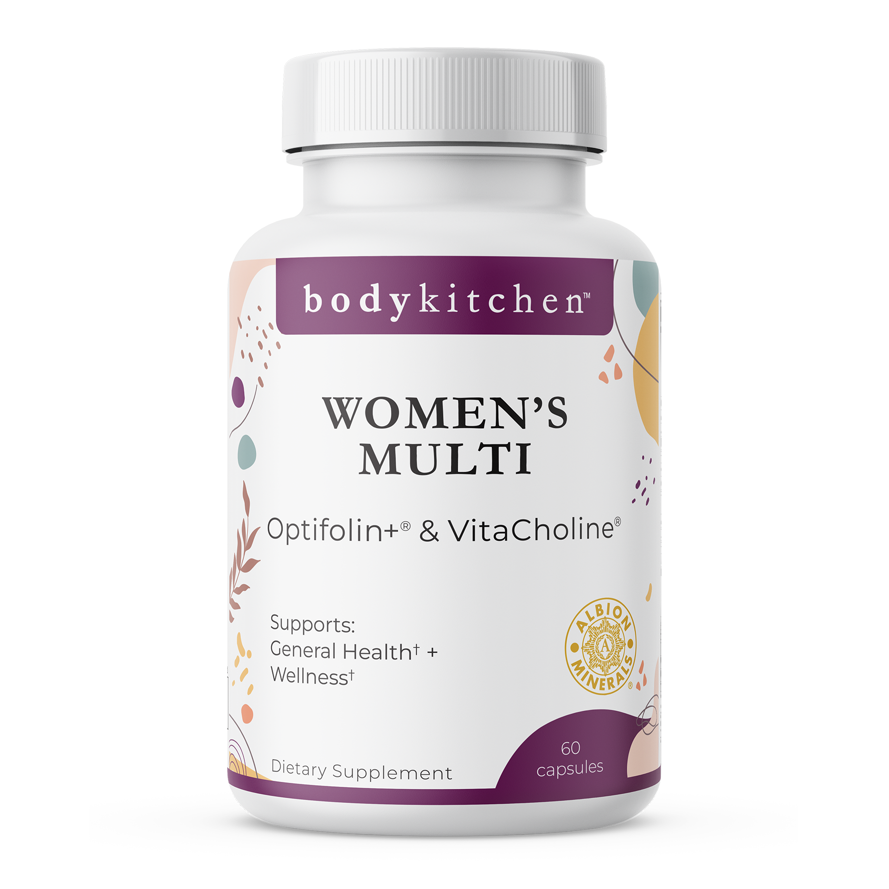 Supplement bottle labeled 'Women's Multi' by bodykitchen on a white background