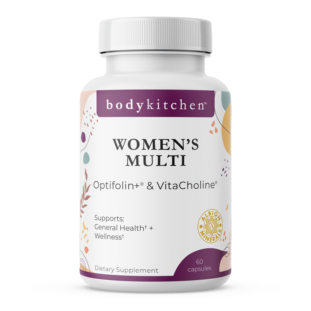 Supplement bottle labeled 'Women's Multi' by bodykitchen on a white background