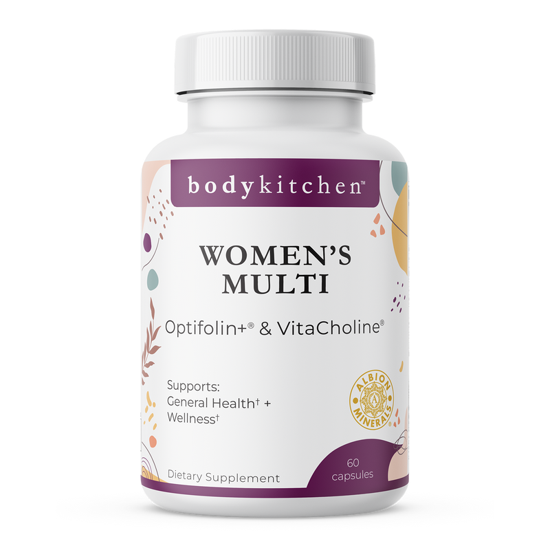 Supplement bottle labeled 'Women's Multi' by bodykitchen on a white background