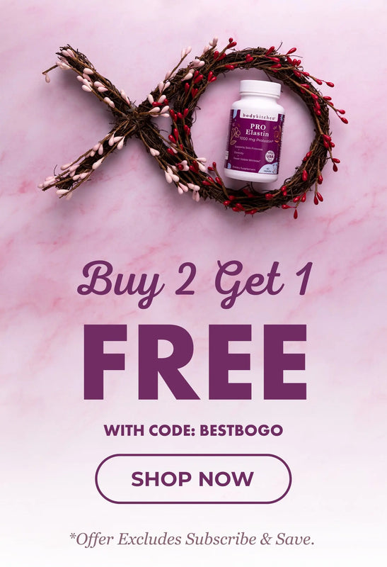 Promotional advertisement with a bottle of supplements, decorative wreath, and text on a pink background