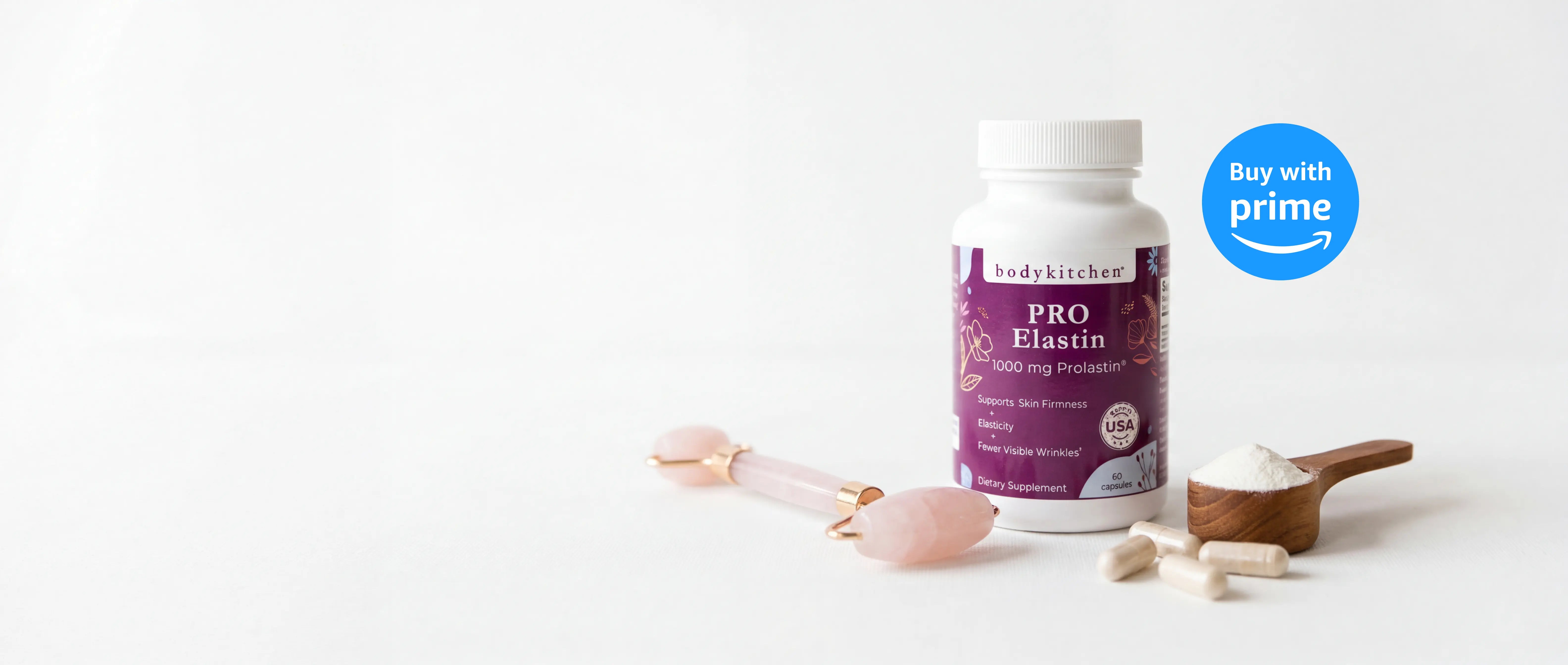 Bottle of Body Kitchen Pro Elastin supplement with a spoonful of powder on a white background