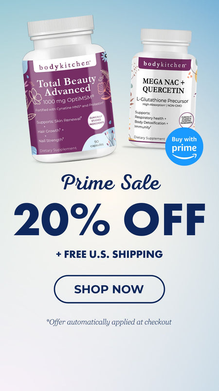 Two bodykitchen supplement bottles with promotional text on a light blue background